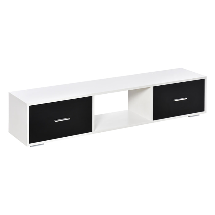 Mueble de TV para Televisores de hasta 60'' Mesa para TV de Salón Estilo Moderno con 2 Cajones y Compartimento Abierto 140x30x32 cm Blanco y Negro