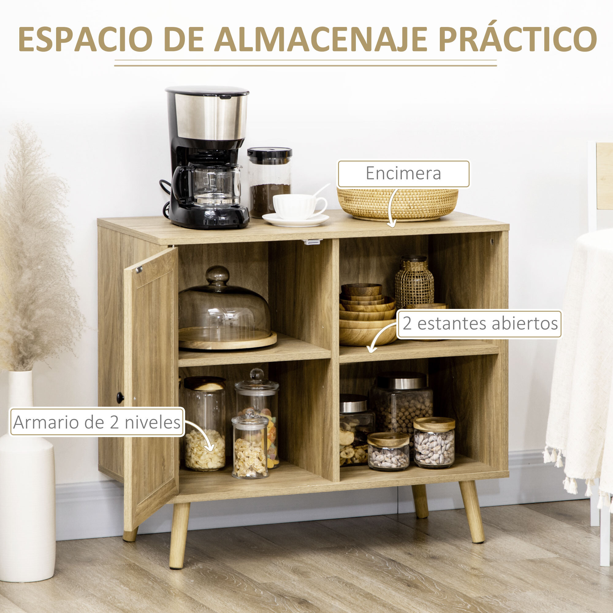 Aparador de Cocina Buffet de Comedor Mueble Auxiliar de Cocina con Puerta de Ratán y 2 Estantes de Almacenaje para Salón 80x39x70 cm Natural