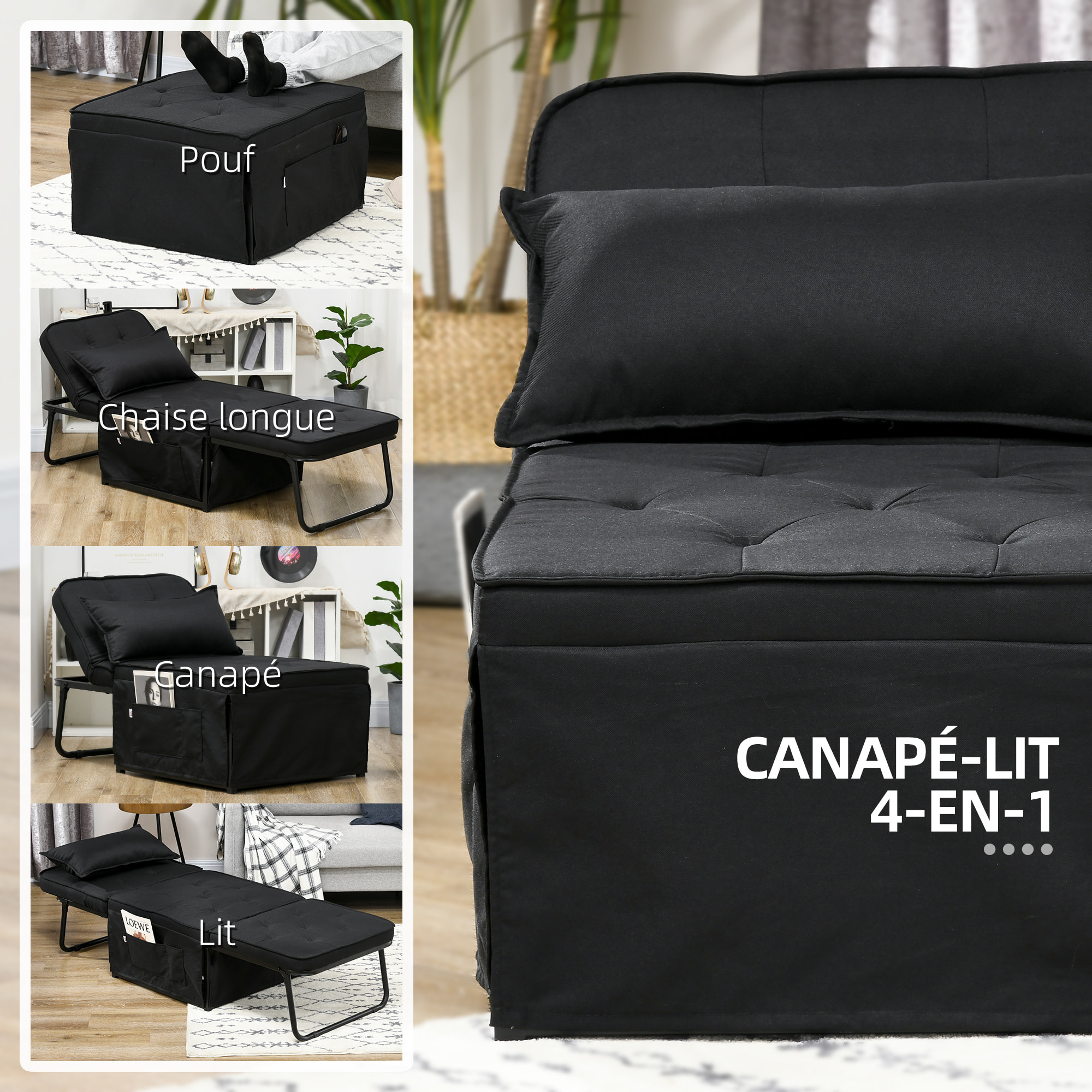 Fauteuil chaise longue lit pouf 4 en 1 dossier inclinable 5 niveaux repose-pied rabattable châssis acier noir tissu noir