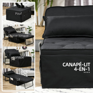 Fauteuil chaise longue lit pouf 4 en 1 dossier inclinable 5 niveaux repose-pied rabattable châssis acier noir tissu noir