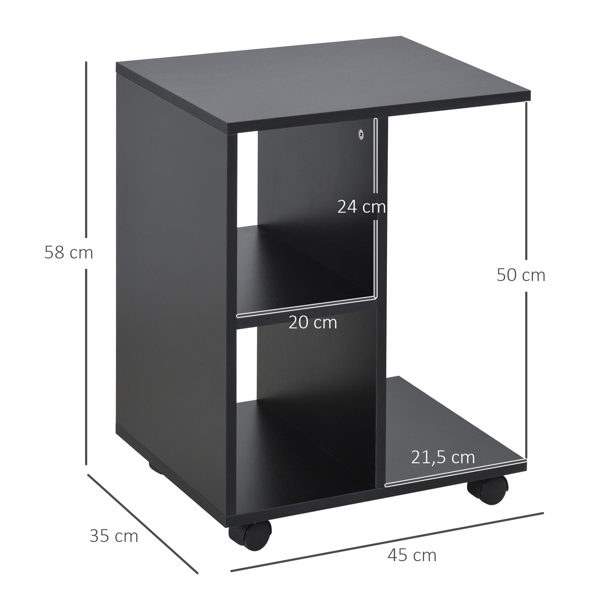 Mesita Auxiliar Moderno Mesa Auxiliar en Forma de C con Ruedas Estantes Abiertos para Salón Dormitorio 45x35x58 cm Negro