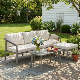 Conjunto de Muebles Jardín Exterior de 3 Piezas Sofá Exterior Seccional Forma de L con Sofá de 3 Plazas Reposapiés Mesa Centro de Listones y Cojines de 10 cm para Terraza Patio Marrón y Beige