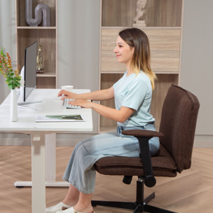 Silla de Oficina Piernas Cruzadas, Silla de Escritorio con Reposabrazos Abatible, Asiento Ancho, sin Ruedas, Altura Ajustable, Giratoria, Función Basculante, Tapizada en Lino, Marrón