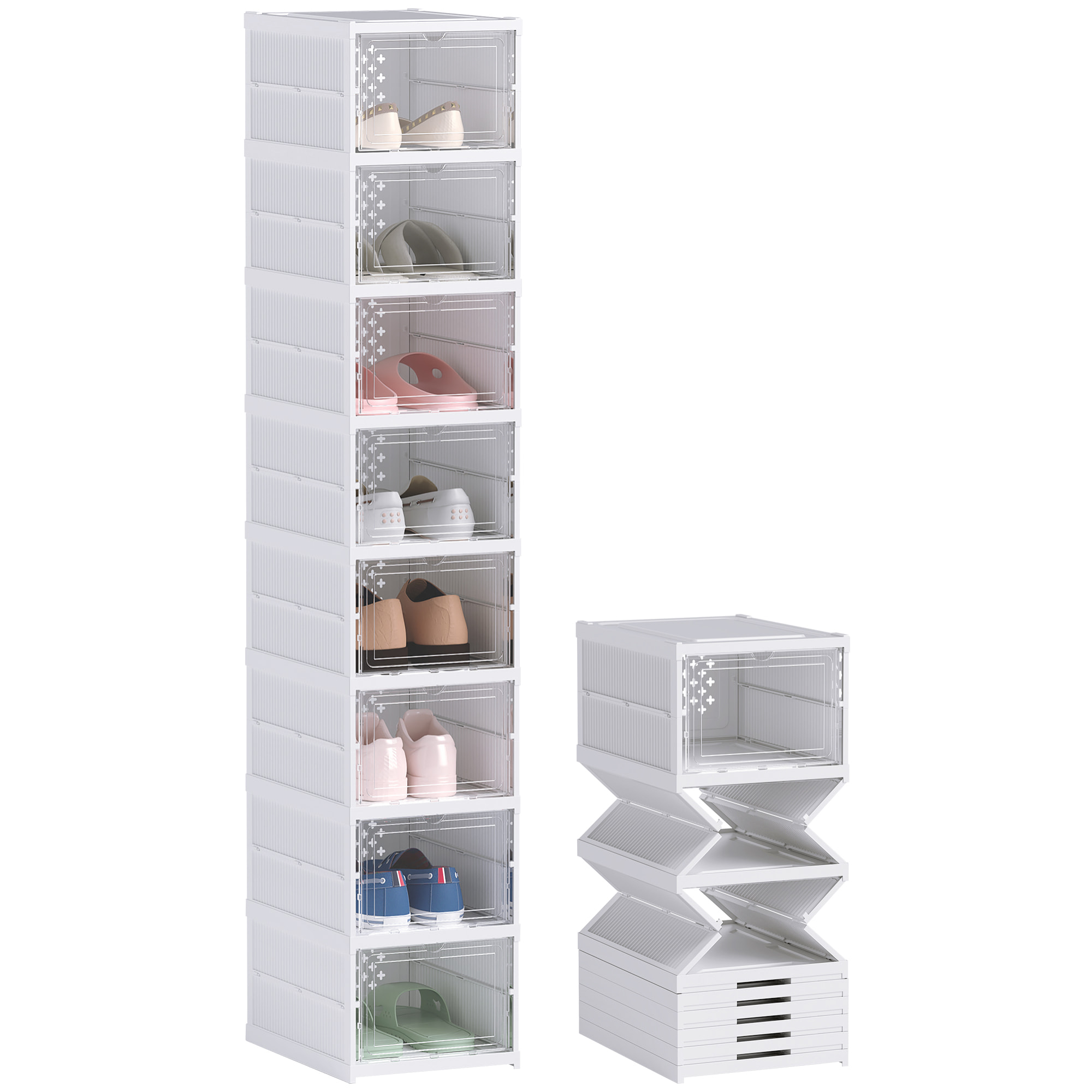 Cajas para Zapatos Apilables, Juego de 8 Organizadores para Zapatos Portátil, Zapatero Plegable con Puertas Transparentes, hasta Talla 43, No Requiere Montaje, Blanco