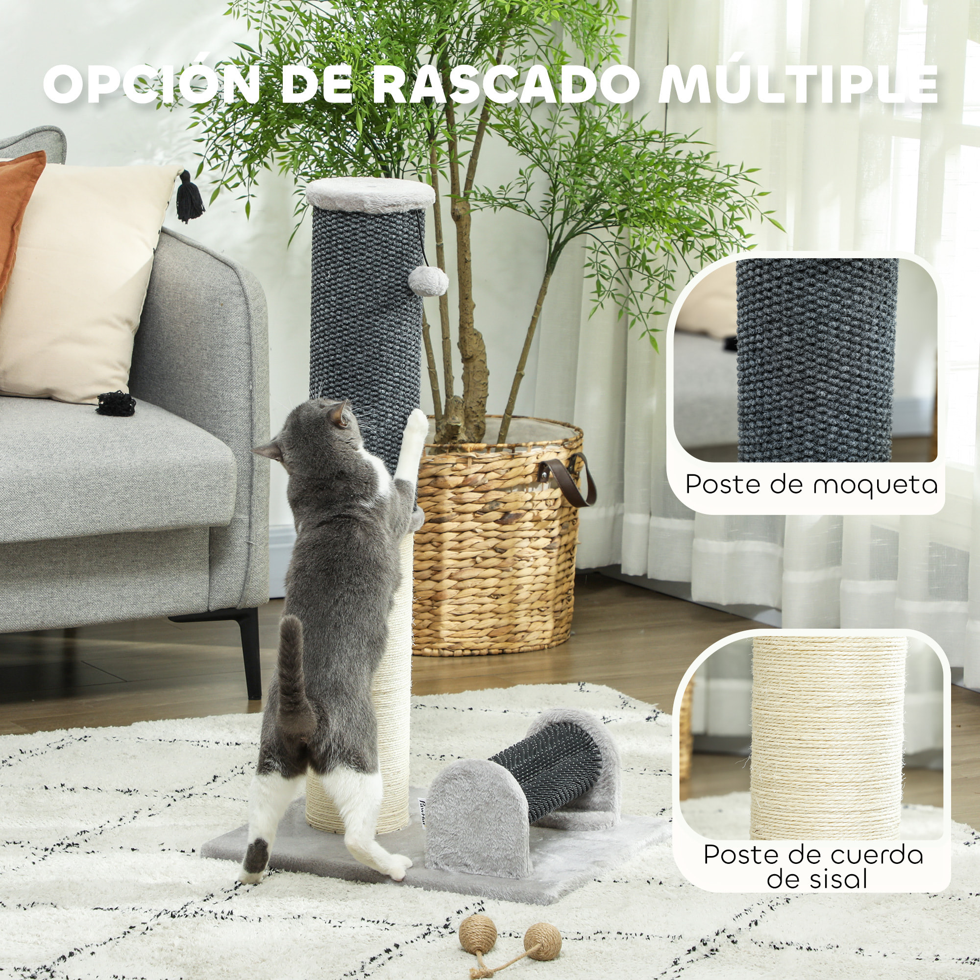 Poste Rascador para Gatos 85 cm Arañador para Gatos con Poste de Sisal Cepillo de Auto Acicalado y Bola de Juguete Gris y Crema