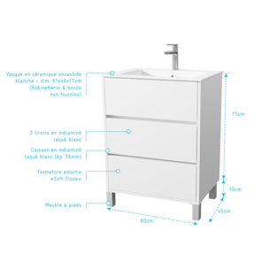 Pack Meuble Salle de Bains 60 cm Laqué Blanc, 3 tiroirs avec Vasque Céramique - XENOS