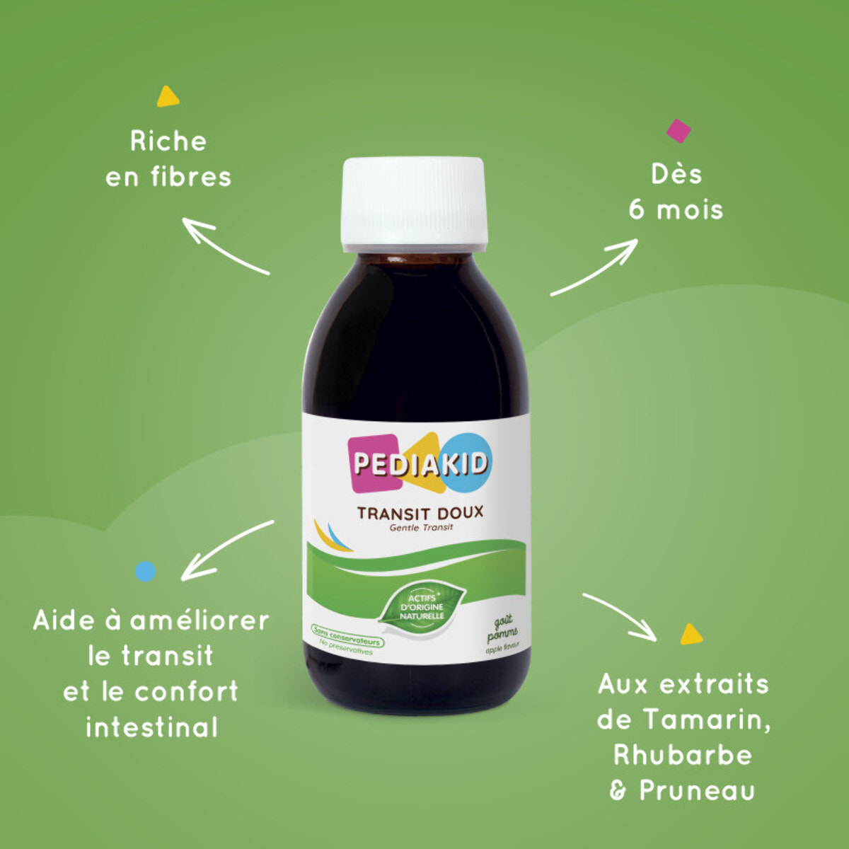 PEDIAKID - Sirop Transit Doux - Complément Alimentaire Naturel - Formule Exclusive au Sirop d'Agave - Contribue à Réguler - Arôme de Pomme - Flacon de 125 ml