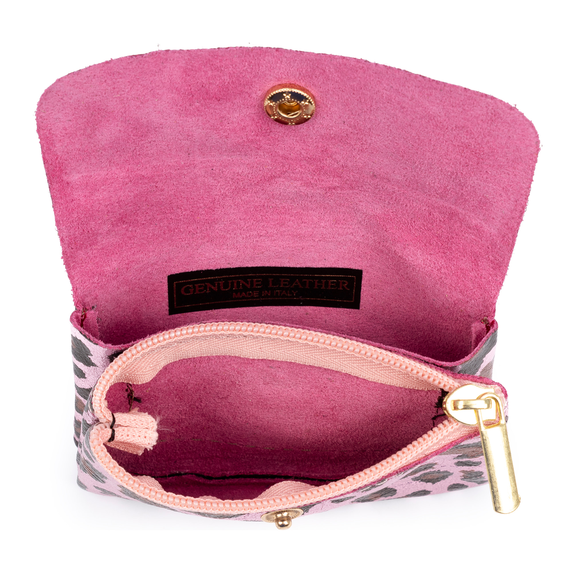 Alpignano portafoglio donna. Vera pelle scamosciata, design animalier leopardato, laccato lucido.