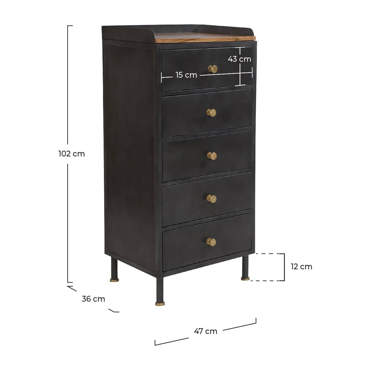 Chiffonnier 5 tiroirs en métal gris métallisé et bois de manguier - Gauthier