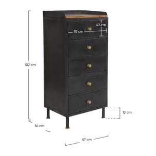 Chiffonnier 5 tiroirs en métal gris métallisé et bois de manguier - Gauthier