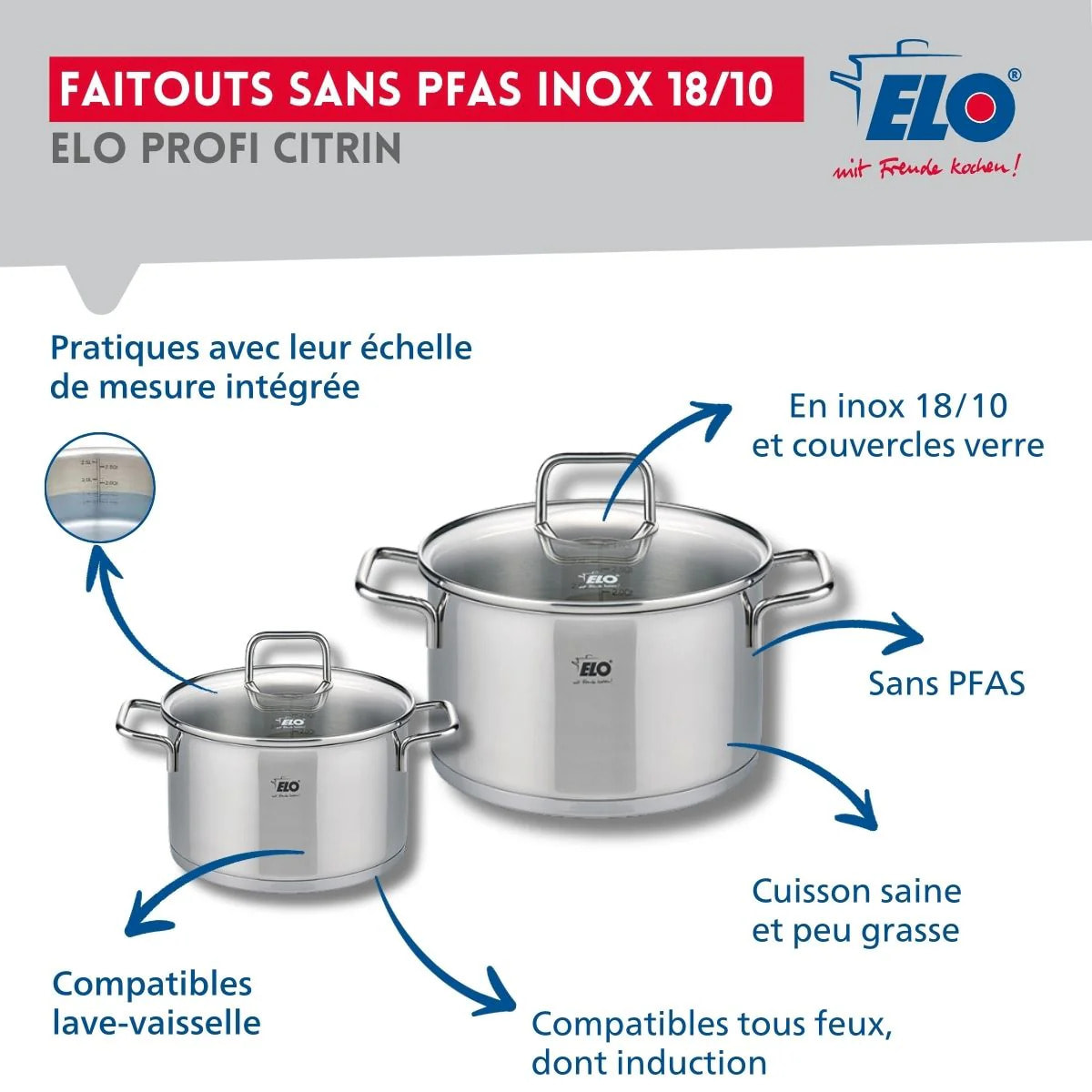 Ensemble de 1 Poêle de cuisson 28 cm et 2 faitouts 12 et 16 cm Elo Profi Citrin