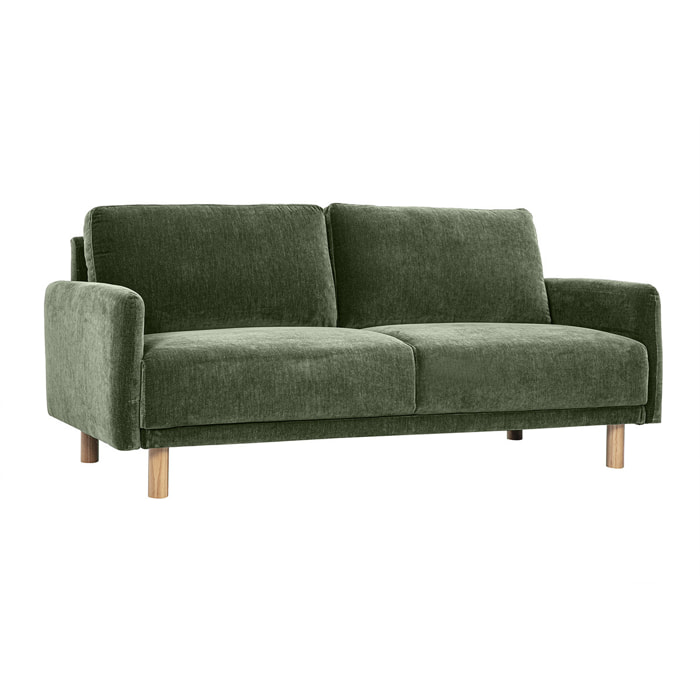 Canapé design 3 places en tissu effet velours vert kaki et bois clair BONO