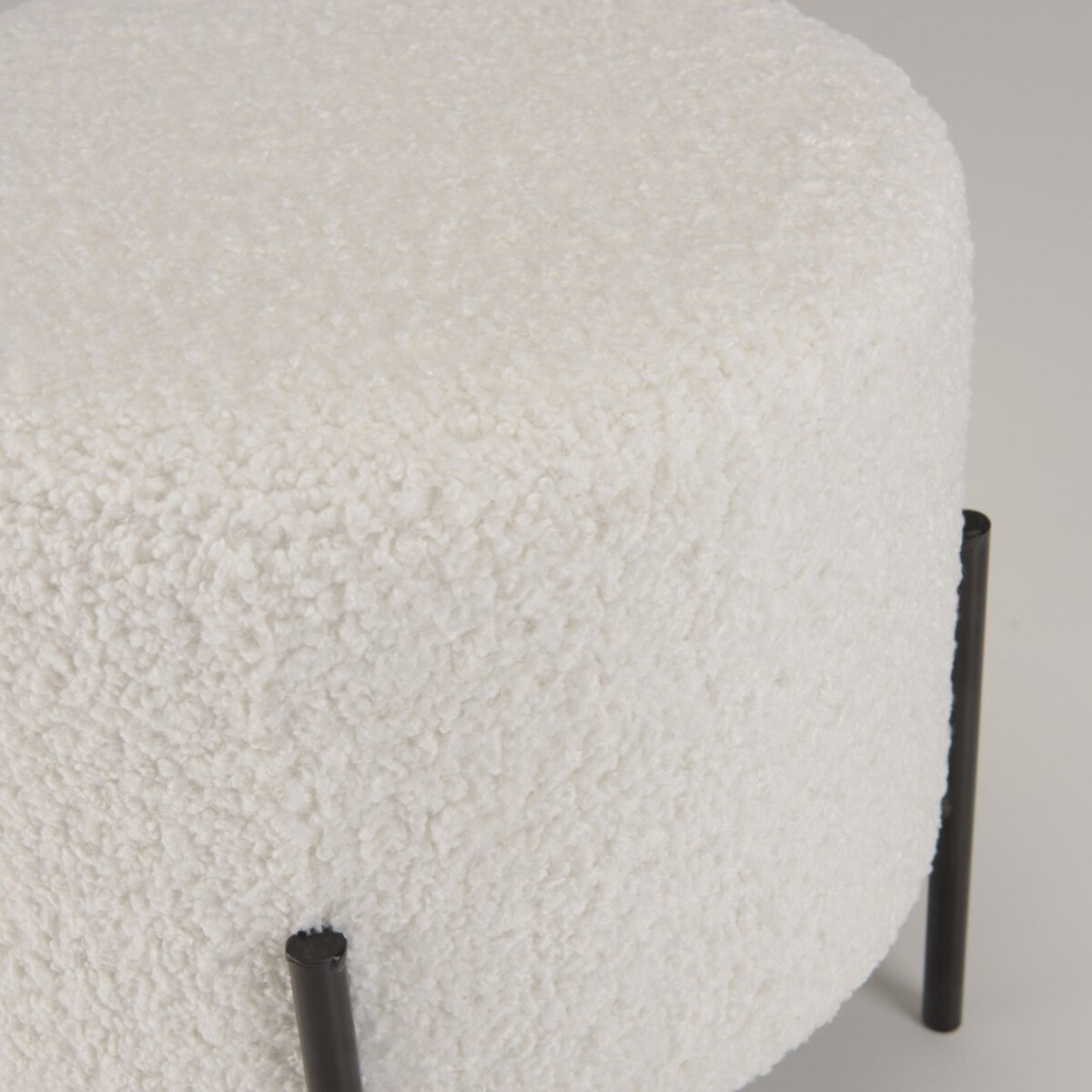 AGATHE - Tabouret rond 40x40cm tissu bouclette blanc pieds métal noir