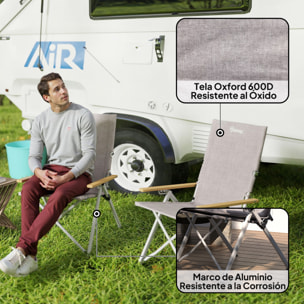 2 Sillas de Camping Plegables de Aluminio Sillas de Jardín Portátiles con Respaldo Alto Ajustable Reposabrazos de Madera y Bolsa de Transporte para Exterior 59x67x96 cm Gris Claro