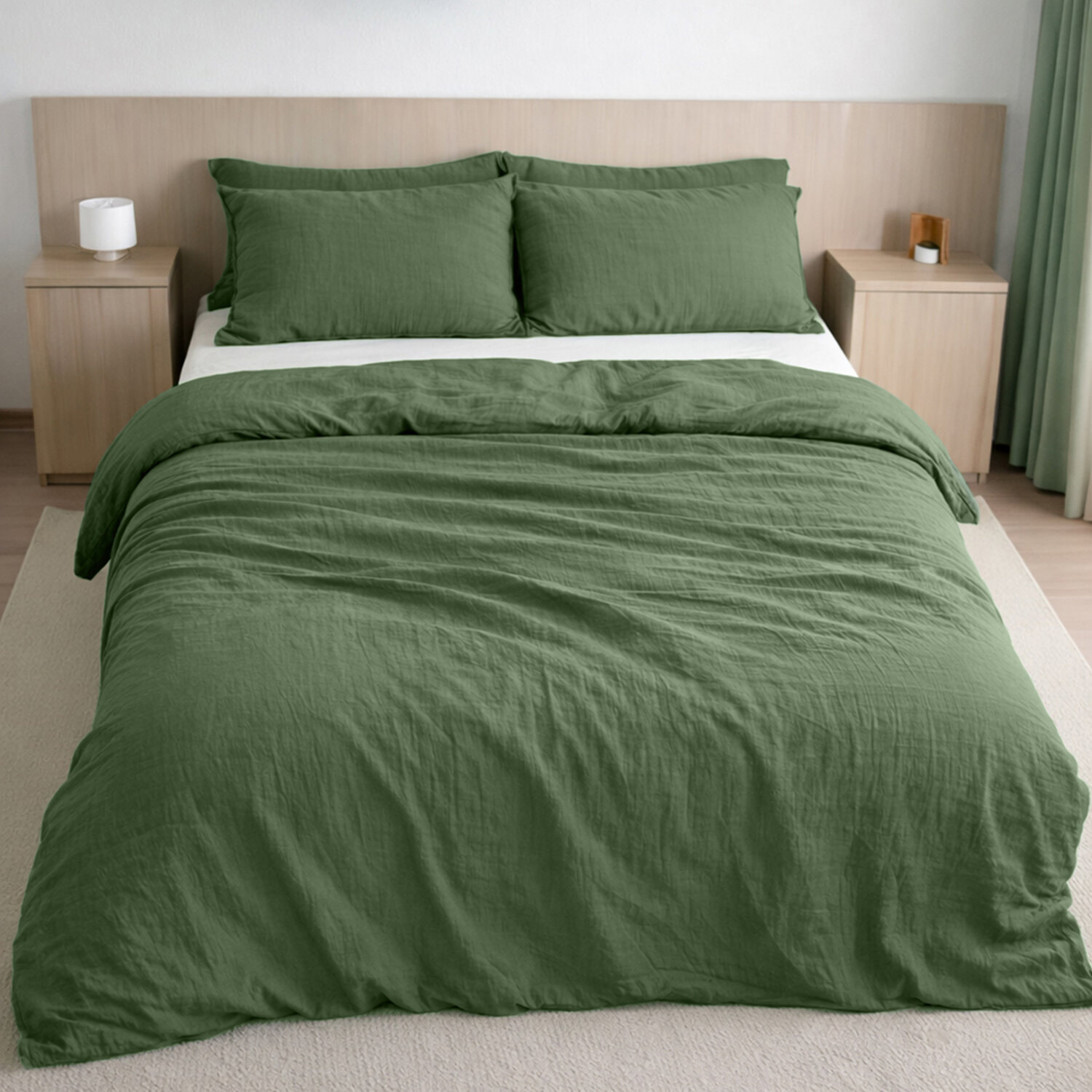 Drap housse gaze de coton lavé vert cèdre