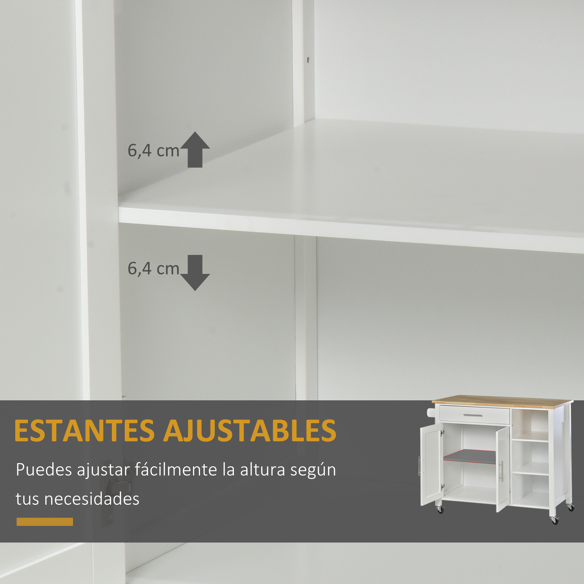 Isla de Cocina con Ruedas Mueble Auxiliar de Cocina con 1 Cajón 2 Puertas 3 Estantes Abiertos y Barra Lateral para Comedor 107,5x48x89 cm Blanco