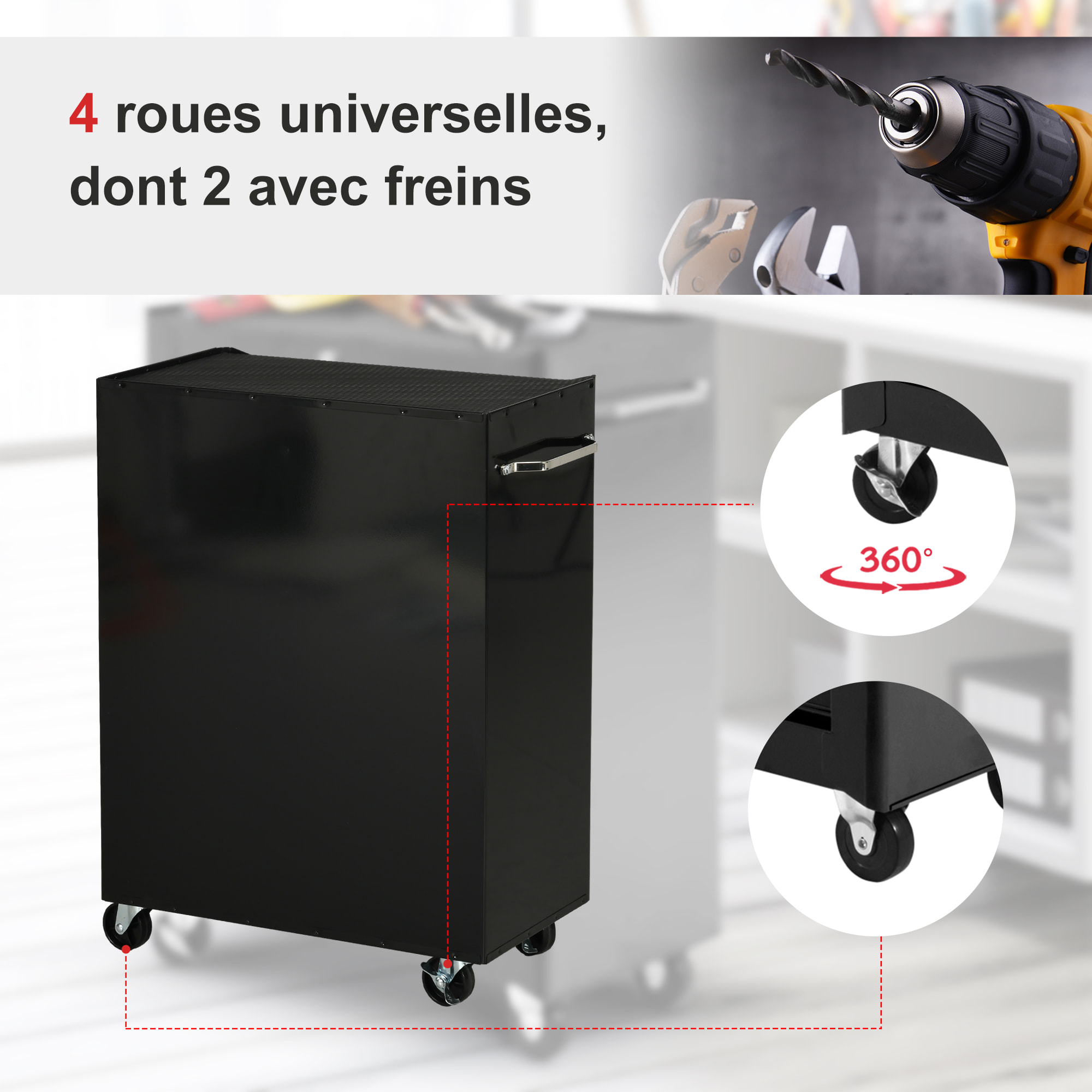 Servante d'atelier 5 tiroirs verrouillables 2 clés tôle d'acier noir rouge