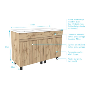 Meuble de salle de bains 120cm 4 Portes_Chêne Naturel + Vasque céramique blanche - TIMBER 120