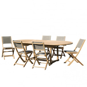 HARRIS - SALON DE JARDIN EN BOIS TECK 8/10 personnes - 1 Table ovale extensible 180/240*100 cm et 6 chaises taupe