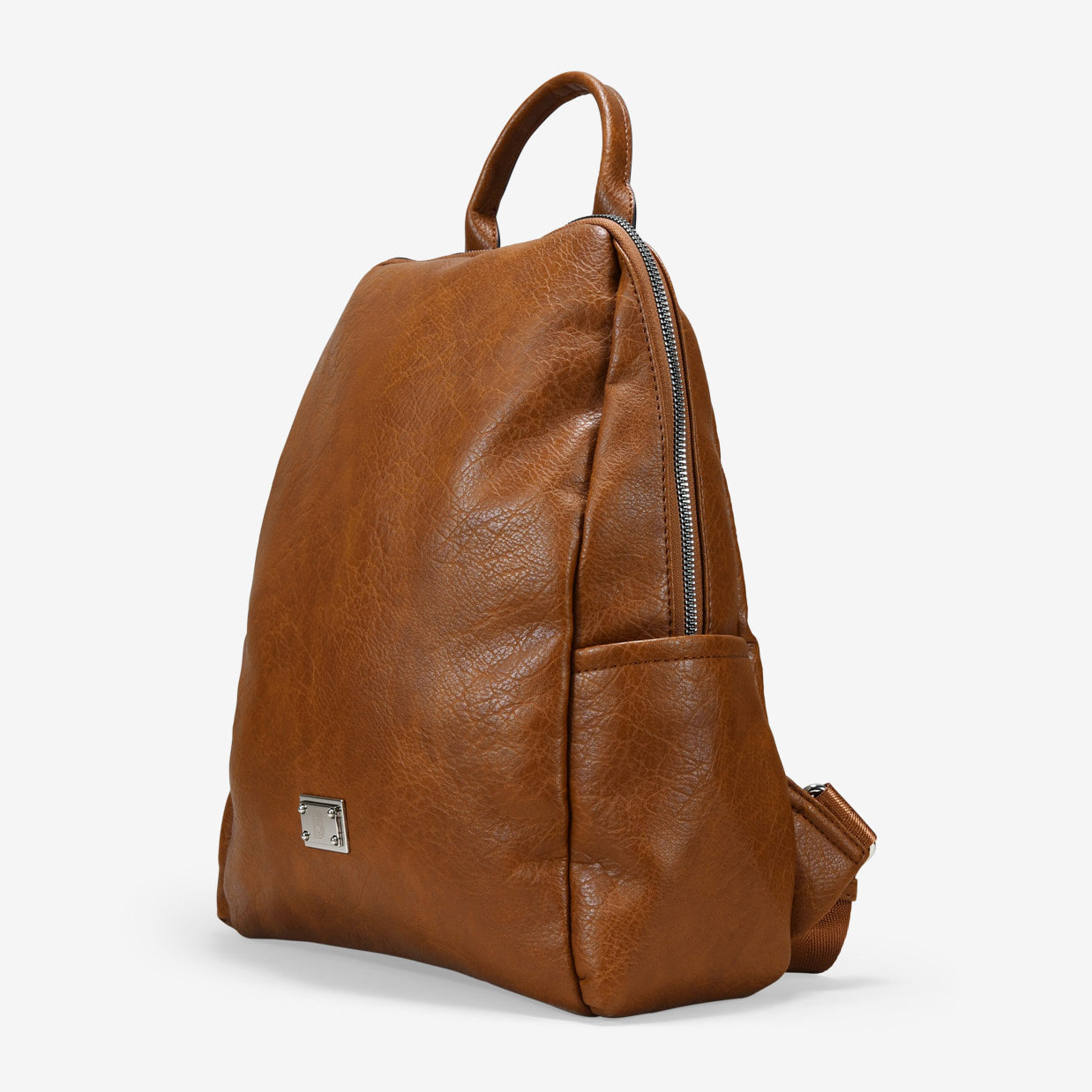 Mochila cuero con cremallera y bolsillos laterales