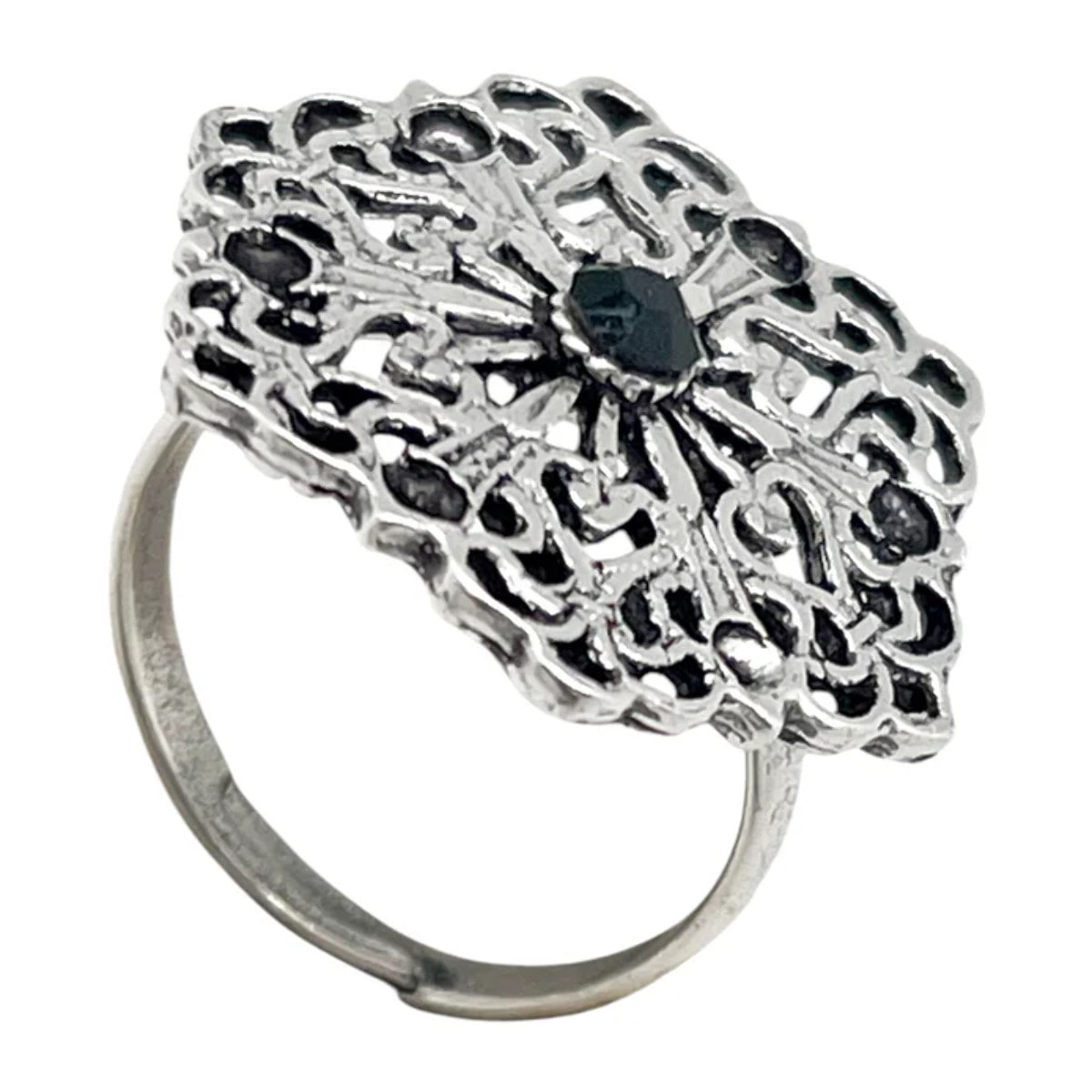 Anillo Retro cristal negro y plata envejecido chapado