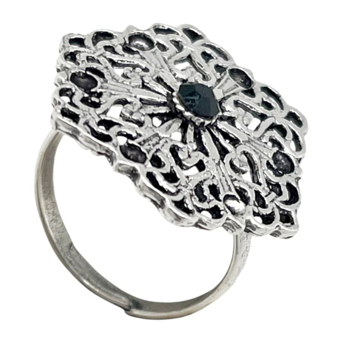Anillo Retro cristal negro y plata envejecido chapado