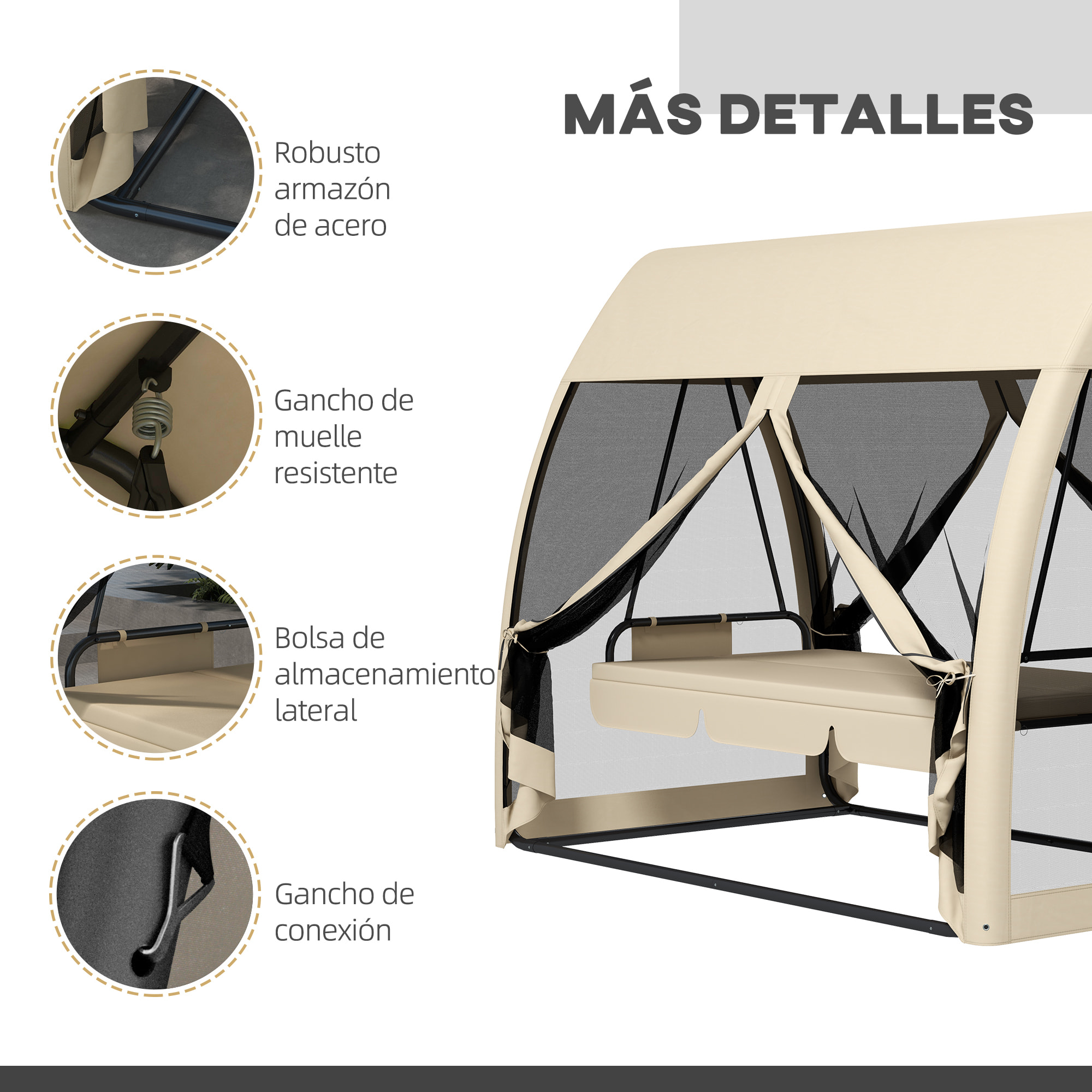 Balancín de Jardín de 3 Plazas Convertible en Cama Columpio Jardín Exterior con Mosquitera Estructura de Metal Carga 300 kg 240x140x197 cm Beige