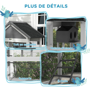 Volière grande cage à oiseaux en bois - 3 portes, toit bitumé double pente, échelle, perchoirs, nichoir, plateau - gris