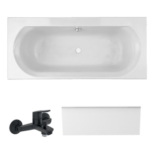 Pack baignoire droite 170 x 75 Elise + tablier en niche + mitigeur bain douche mural Aimé noir + vidage