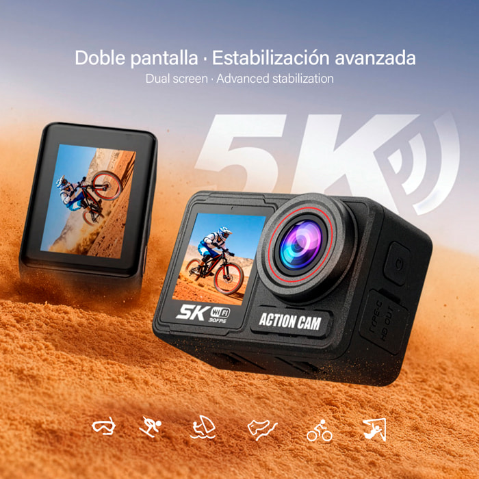 Cámara deportiva WIFI M90TR doble pantalla ultra HD de 2.2" y HD de 1.4", vídeo hasta 5K 60FPS y fotografías de hasta 64 MP. Zoom digital 5x, múltiples modos de foto y vídeo. Sumergible 30M.