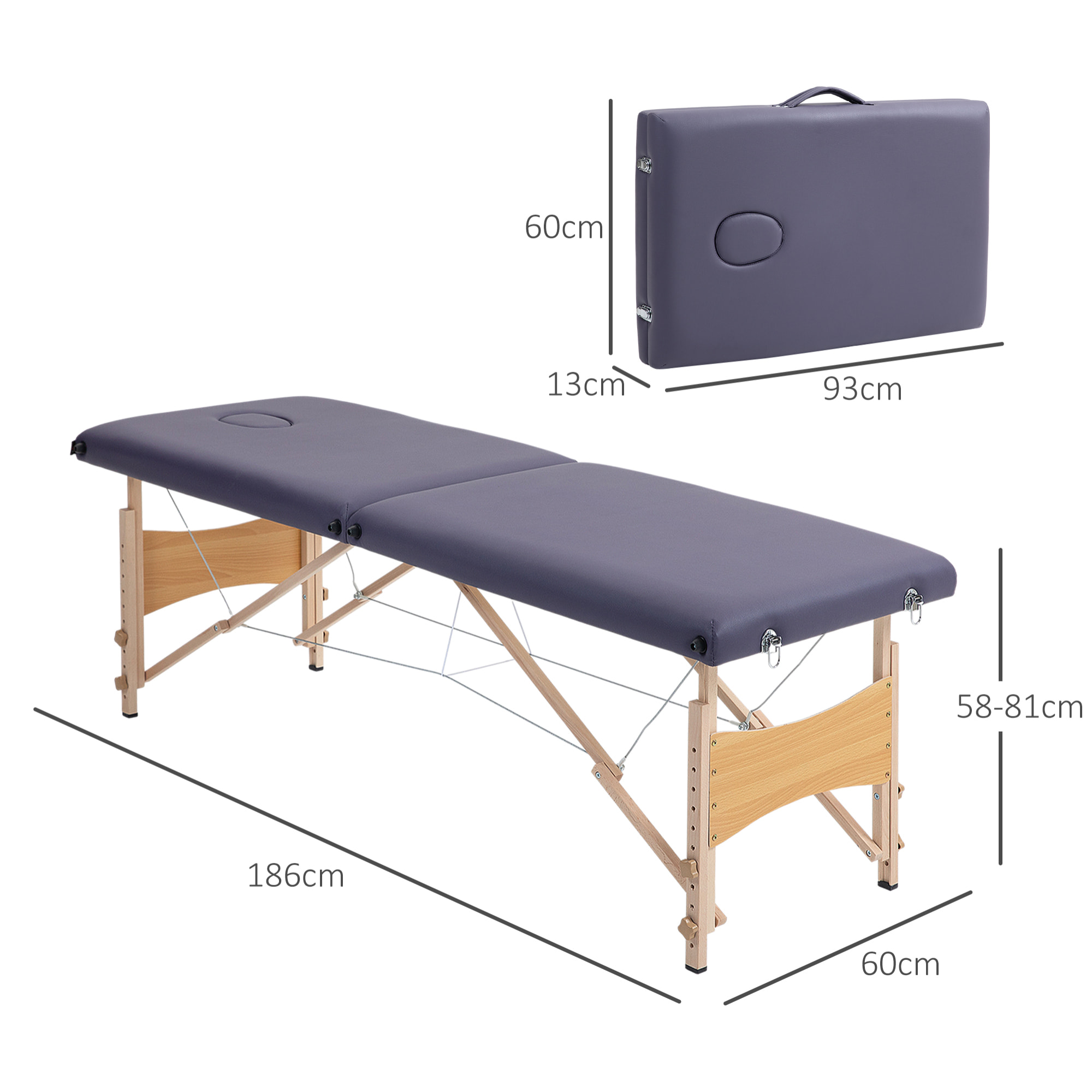 Camilla de Masaje Plegable Mesa de Masaje Portátil con Reposacabezas Marco de Madera Camilla Fisioterapia con Altura Regulable y Bolsa de Transporte 186x60x58-81 cm Púrpura