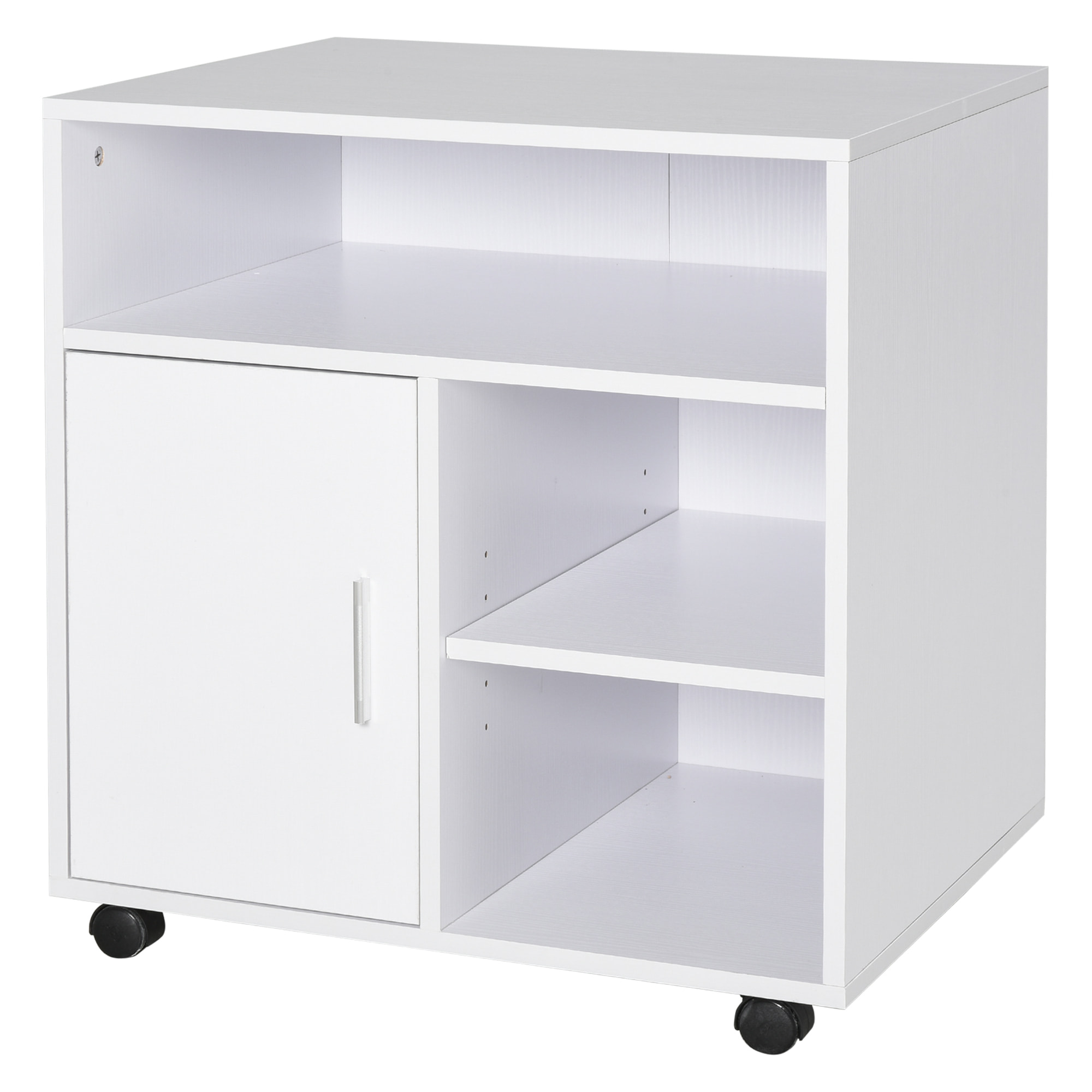 HOMCOM Support d'imprimante organiseur bureau caisson placard porte 3 niches + grand plateau panneaux particules blanc