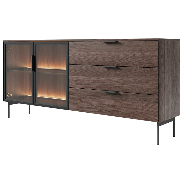 Credenza Madia Moderna Con Vetrina ripiani Cassetti E Illuminazione Led In Melaminico Ideale Soggiorno Sala Da Pranzo 181.3 x 39.3 x 61,5 Cm Rovere