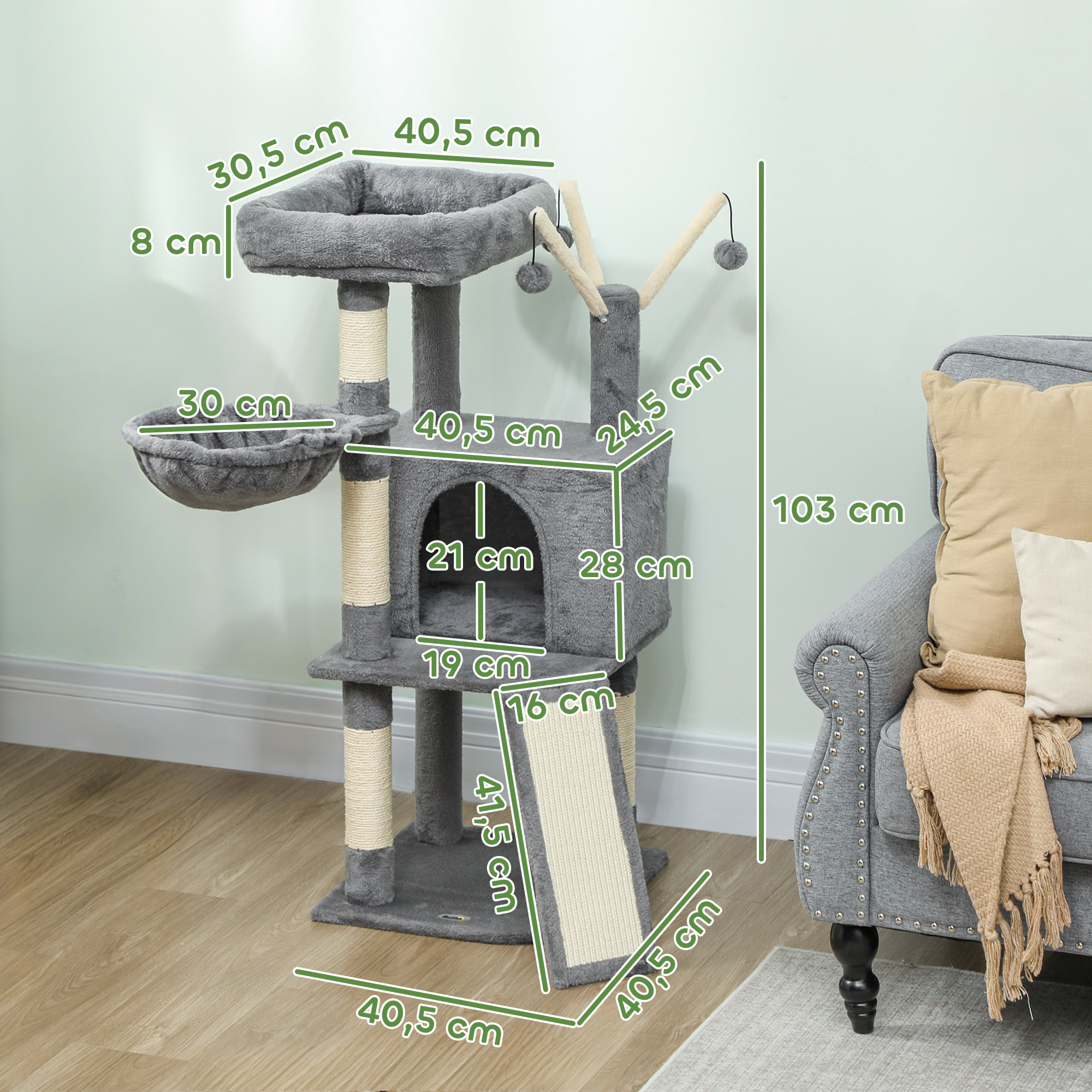 Arbre à chat multi-équipé niche hamac plateforme 3 boules griffoirs grattoir gris
