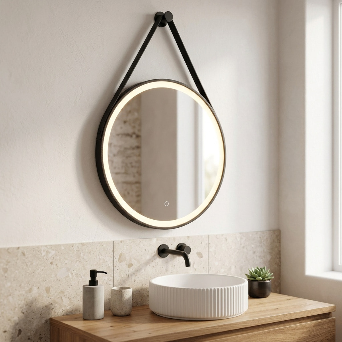 Miroir de salle de bain rond LED 60 cm avec capteur tactile et cadre en métal noir SAT (SATZREMLED60CE)