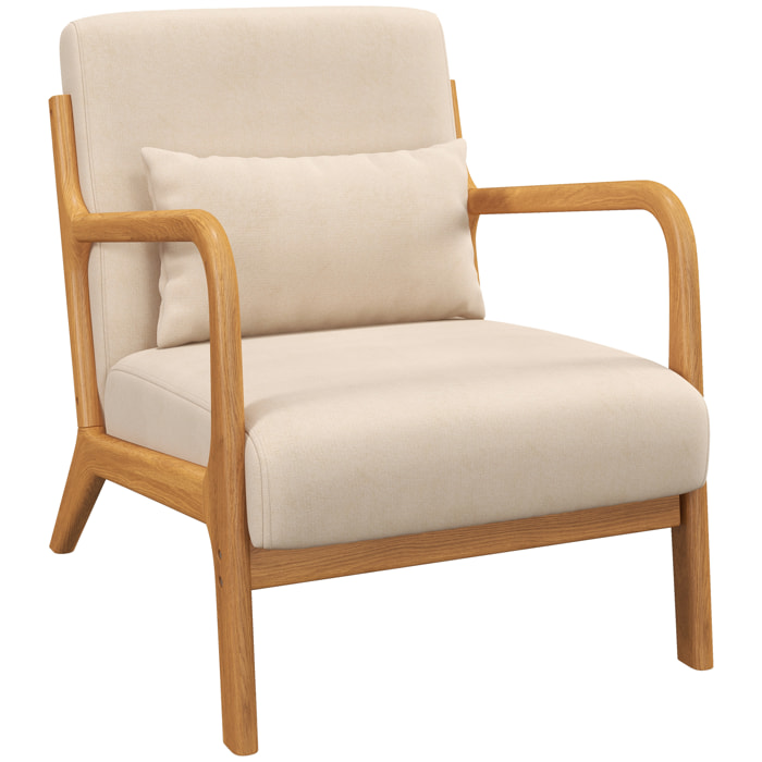 Fauteuil lounge - 3 coussins inclus - assise profonde - accoudoirs - structure bois hévéa - aspect velours beige