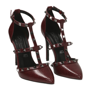Zapatos de tacón burdeos con estampado de víbora, tacón 10,50 cm