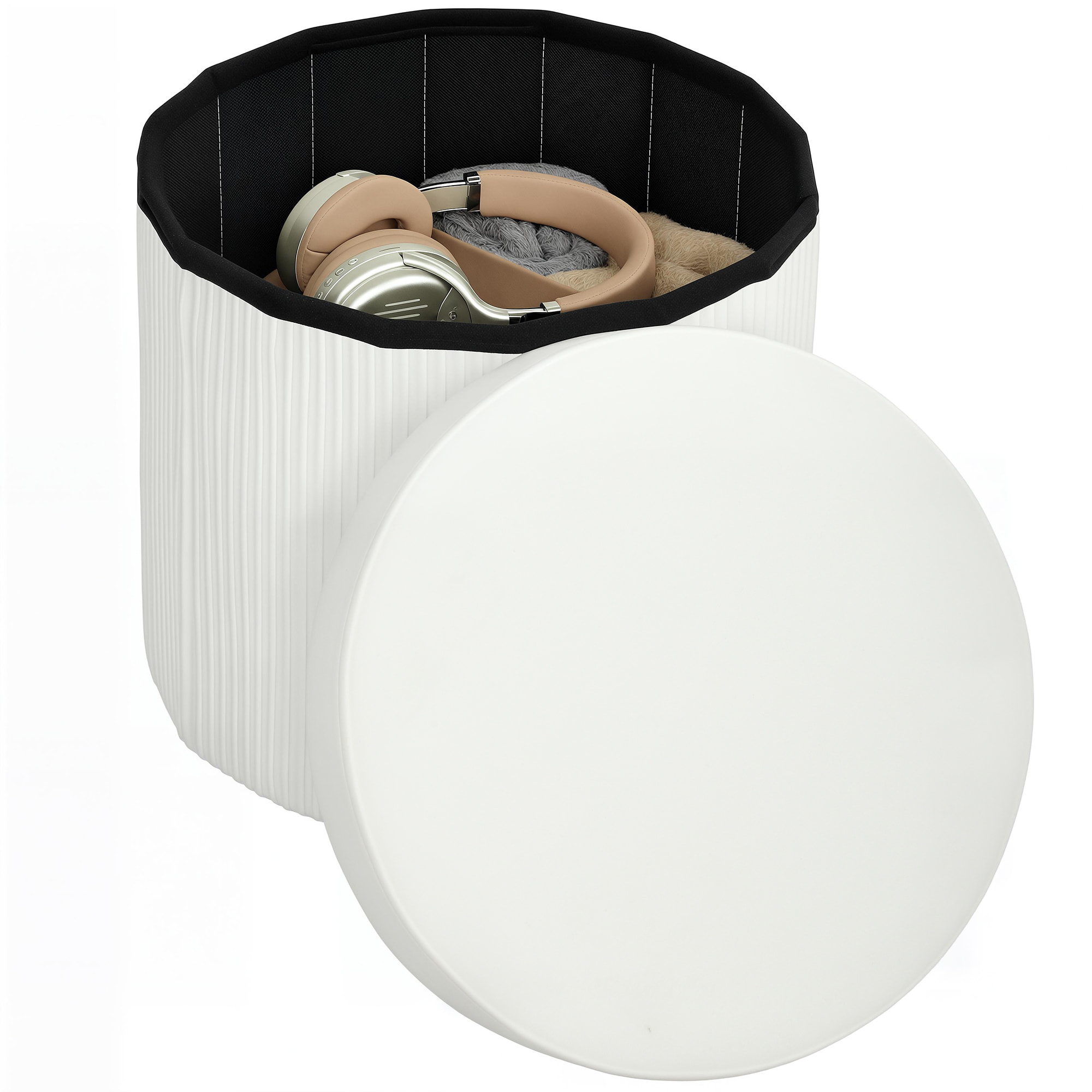 Puff Almacenaje, Banco Almacenaje Plegable, 35 L, 38x38x38 cm, Tapizado en Terciopelo, Baúl de Almacenamiento Redondo, Carga 120 kg, Taburete para Sala de Estar, Dormitorio, Entrada, Crema