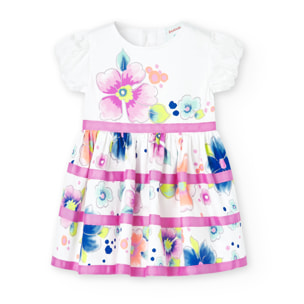 Vestido de satén niña estampado, flores, blanco, mangas
