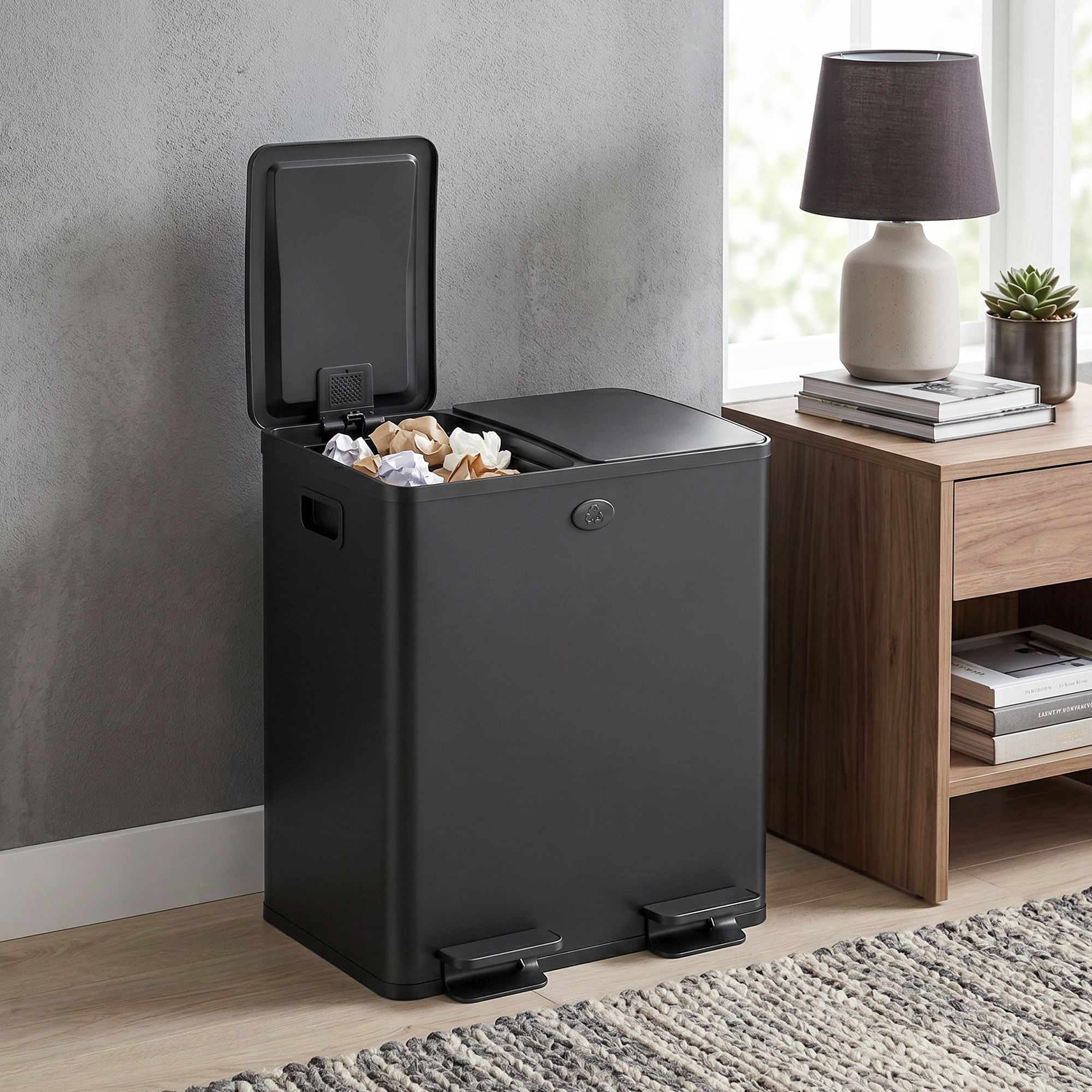 Cubo de Basura de Cocina con 2 Compartimentos 2x20L Papelera Cocina de Acero Inoxidable con Pedal Tapas de Cierre Suave y Cubo Extraíble para Reciclaje Residuos Restos de Comida Negro