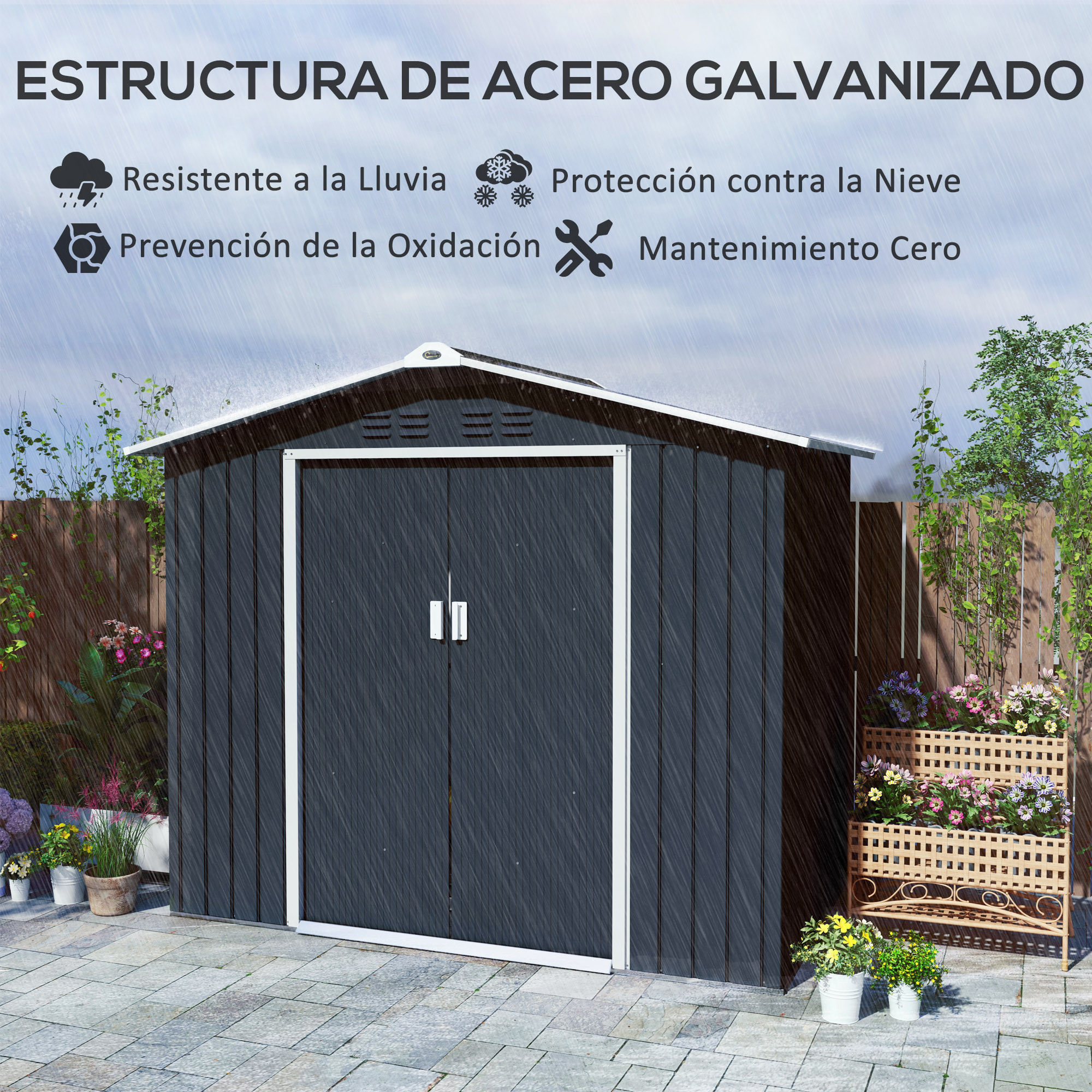 Cobertizo de Jardín 2,42m² con Base de Refuerzo Sin Suelo 213x130x185 cm Caseta de Jardín Exterior con Puertas Correderas Claraboya 4 Ventanas para Almacenamiento de Herramientas Gris Oscuro