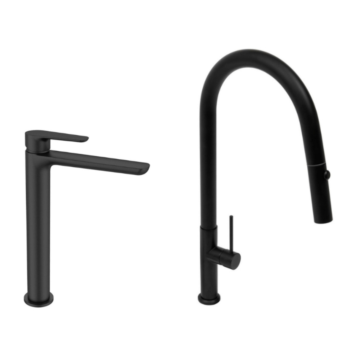 set mitigeur lavabo XL + mitigeur monocommande de cuisine avec douchette extractible 2 jets, noir mat (SATBSM288C)