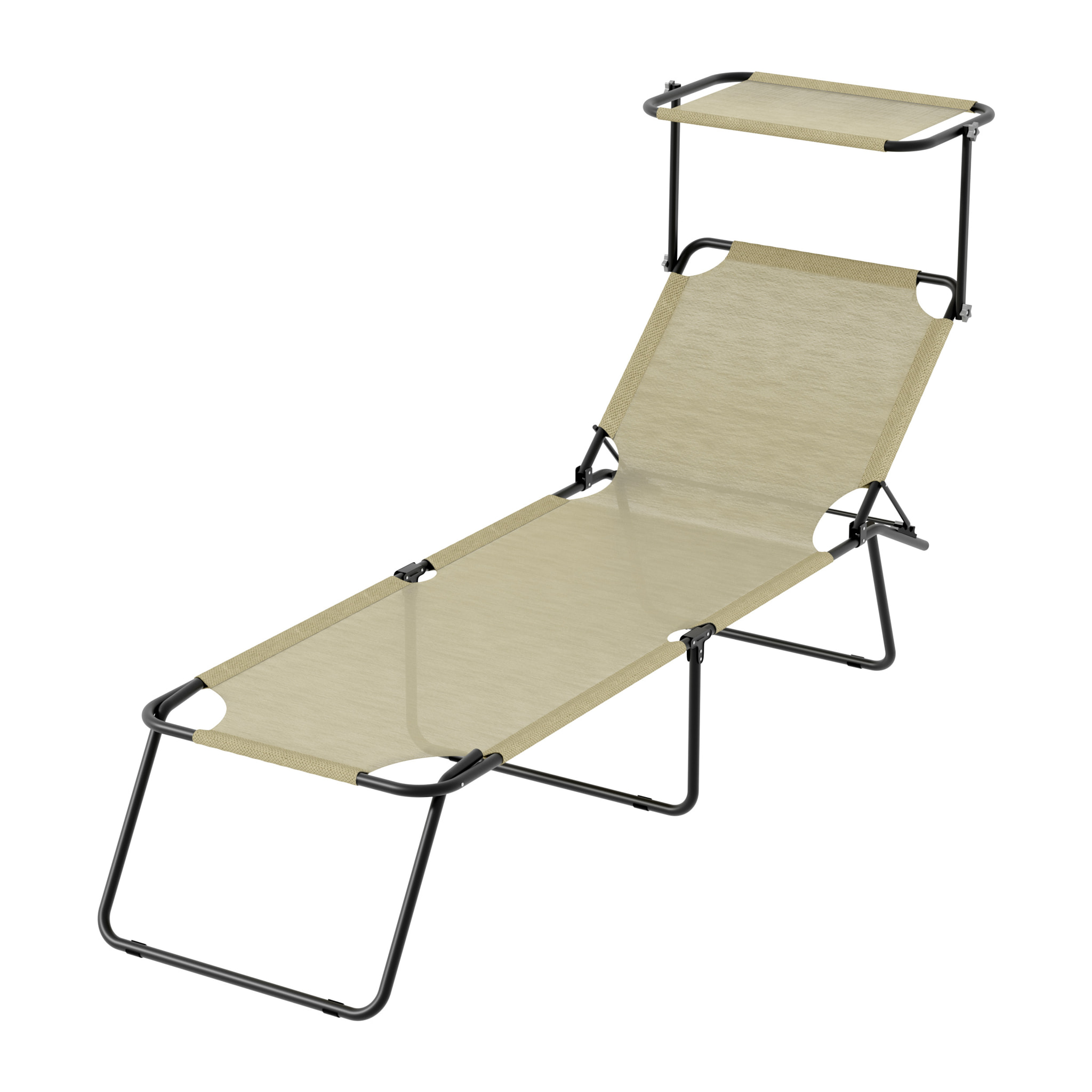 Lettini Pieghevoli Tettuccio Regolabile Schienale Reclinabile Struttura Metallo Nero Sdraio Prendisole Spiaggia Mare Giardino Piscina Beige