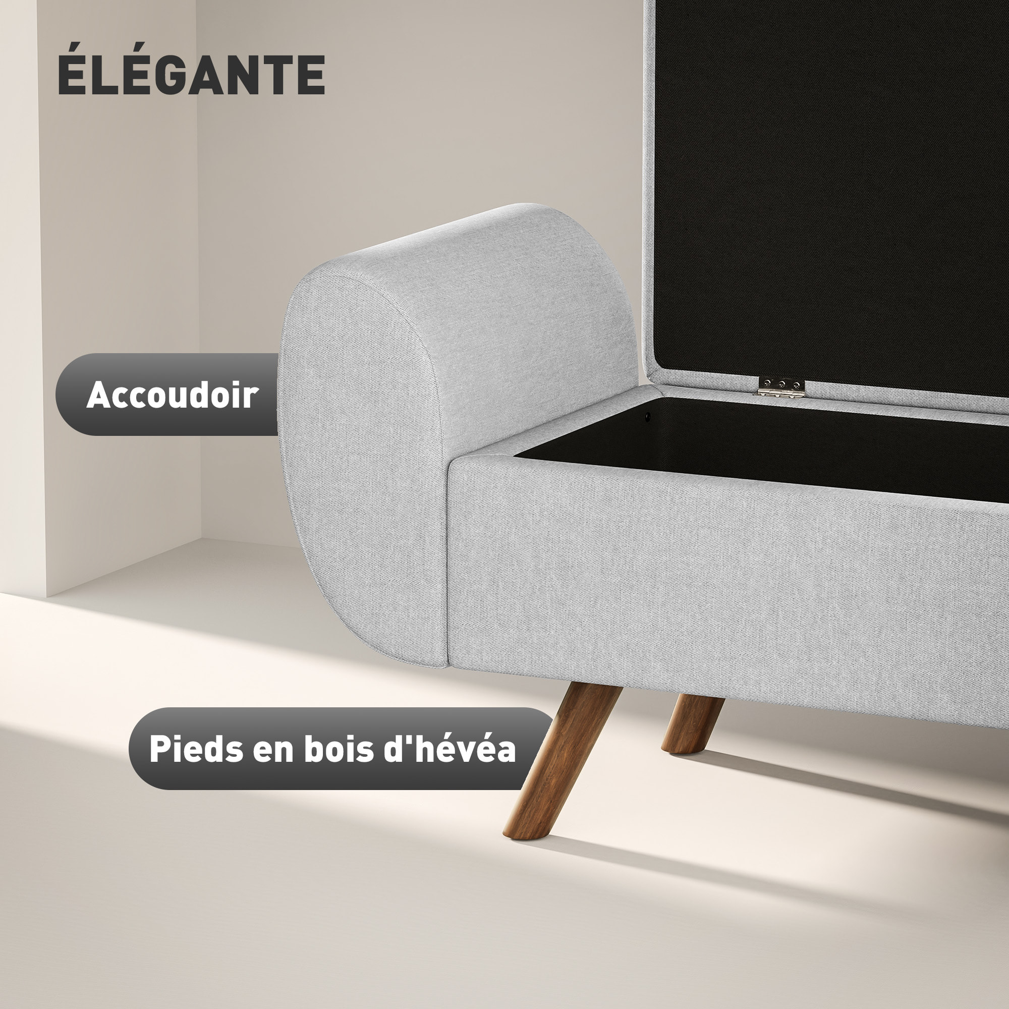 Banc coffre design - banquette avec rangement - dim. 132 x 42 x 50 cm - piètement bois tissu gris clair
