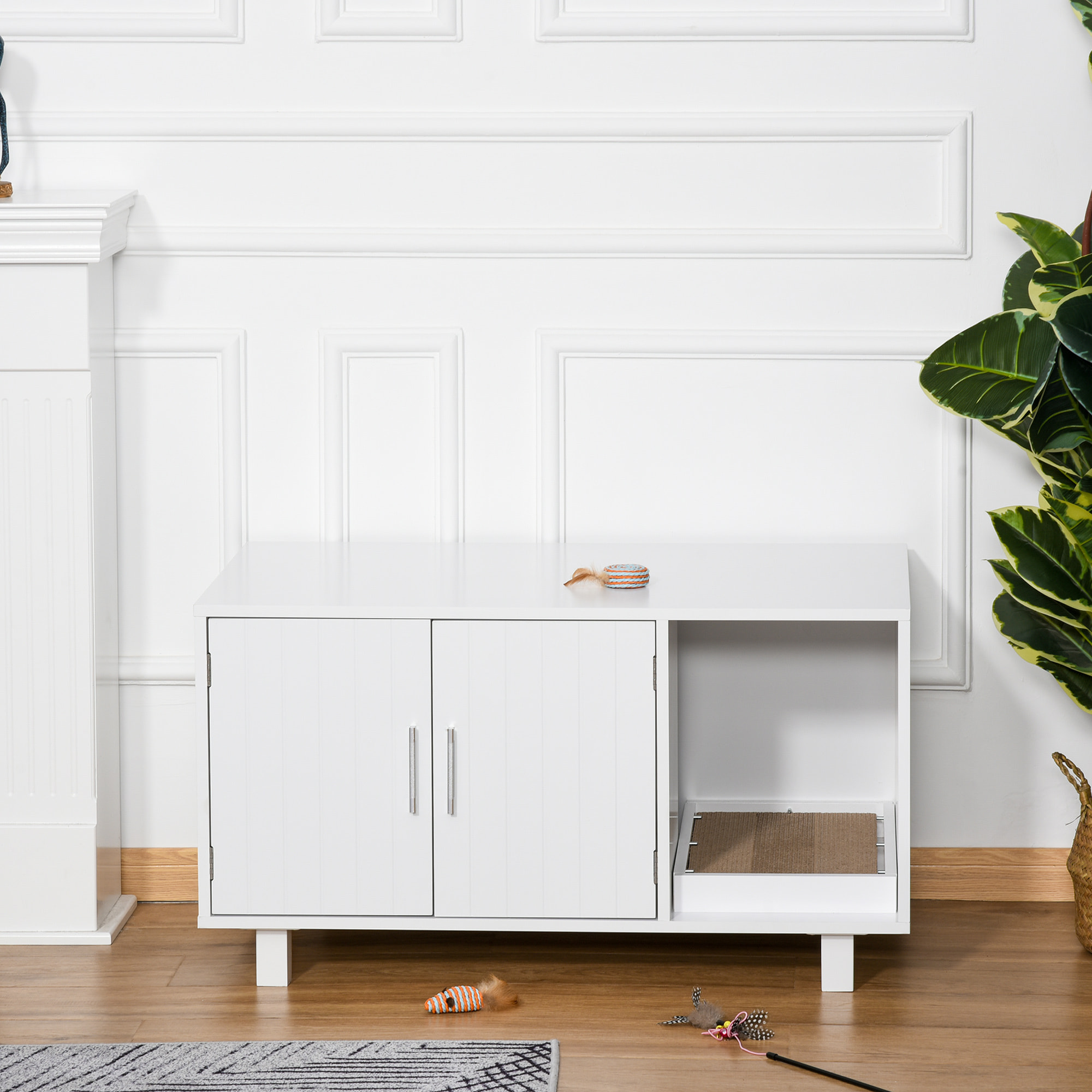 PawHut Mobile per Lettiera Gatti in Legno, 2 Ante e Apertura Laterale con Tiragraffi