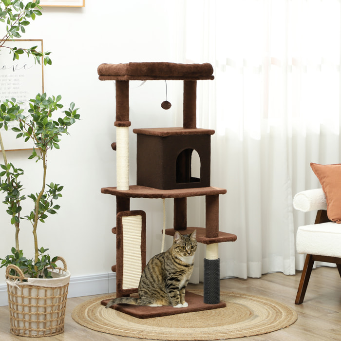 Árbol Rascador para Gatos Altura 132 cm Árbol para Gatos Torre para Gatos con Plataformas Poste con Cepillo Bolas Colgantes y Almohadilla para Rascar Marrón