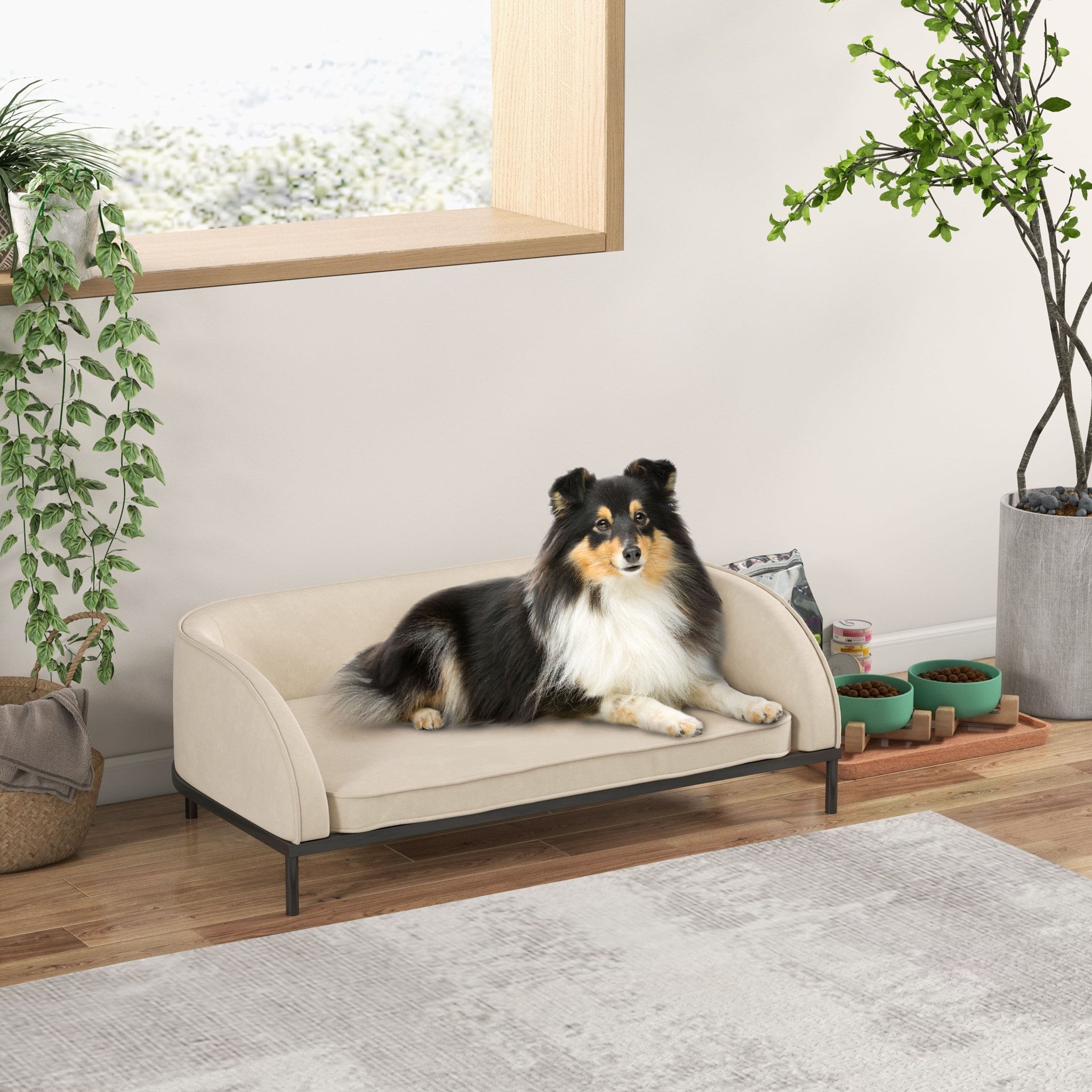 Canapé chien lit pour chien chat design contemporain dim. 101L x 62P x 34H cm coussin moelleux velours beige