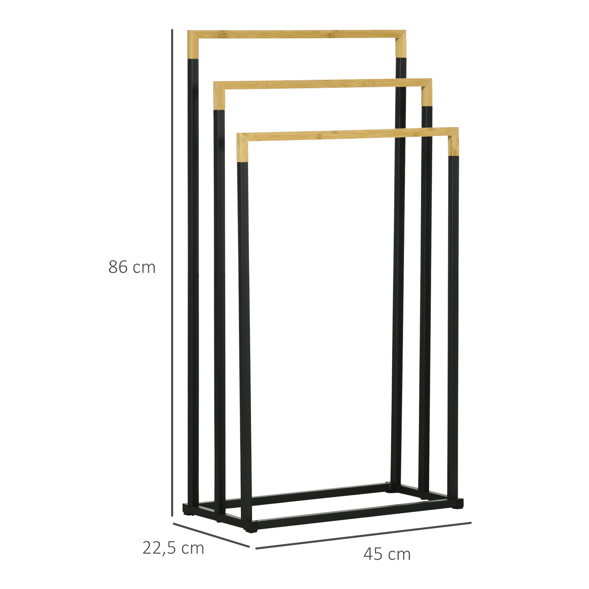 kleankin Toallero de Pie de 3 Niveles Toallero Escalera con 3 Barras de Bambú y Marco de Acero para Baño Lavadero 45x22,5x86 cm Negro y Natural