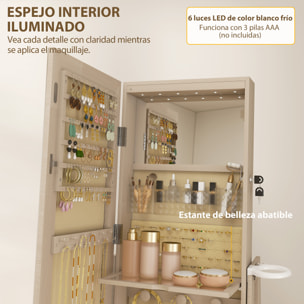 Espejo Joyero con Luces LED, Armario para Joyas, Armario Joyero con Espejo Entero, Giratorio de 360°, Cajón, Cerradura, Estantes Abiertos, Soporte para Secador, Natural