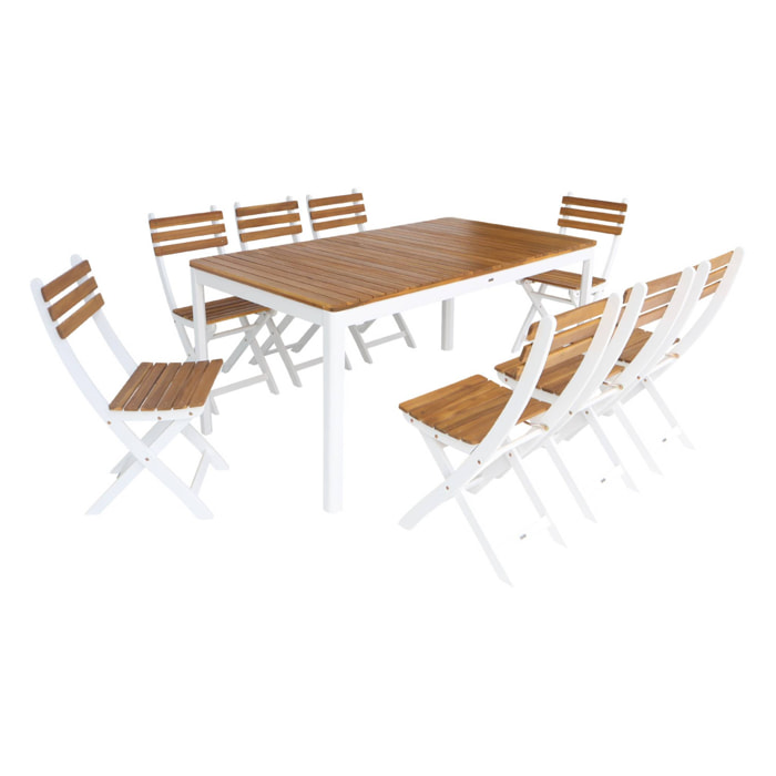 Table de jardin acacia avec coins arrondis + 8 assises blanc. 160 x 90 x 75 cm